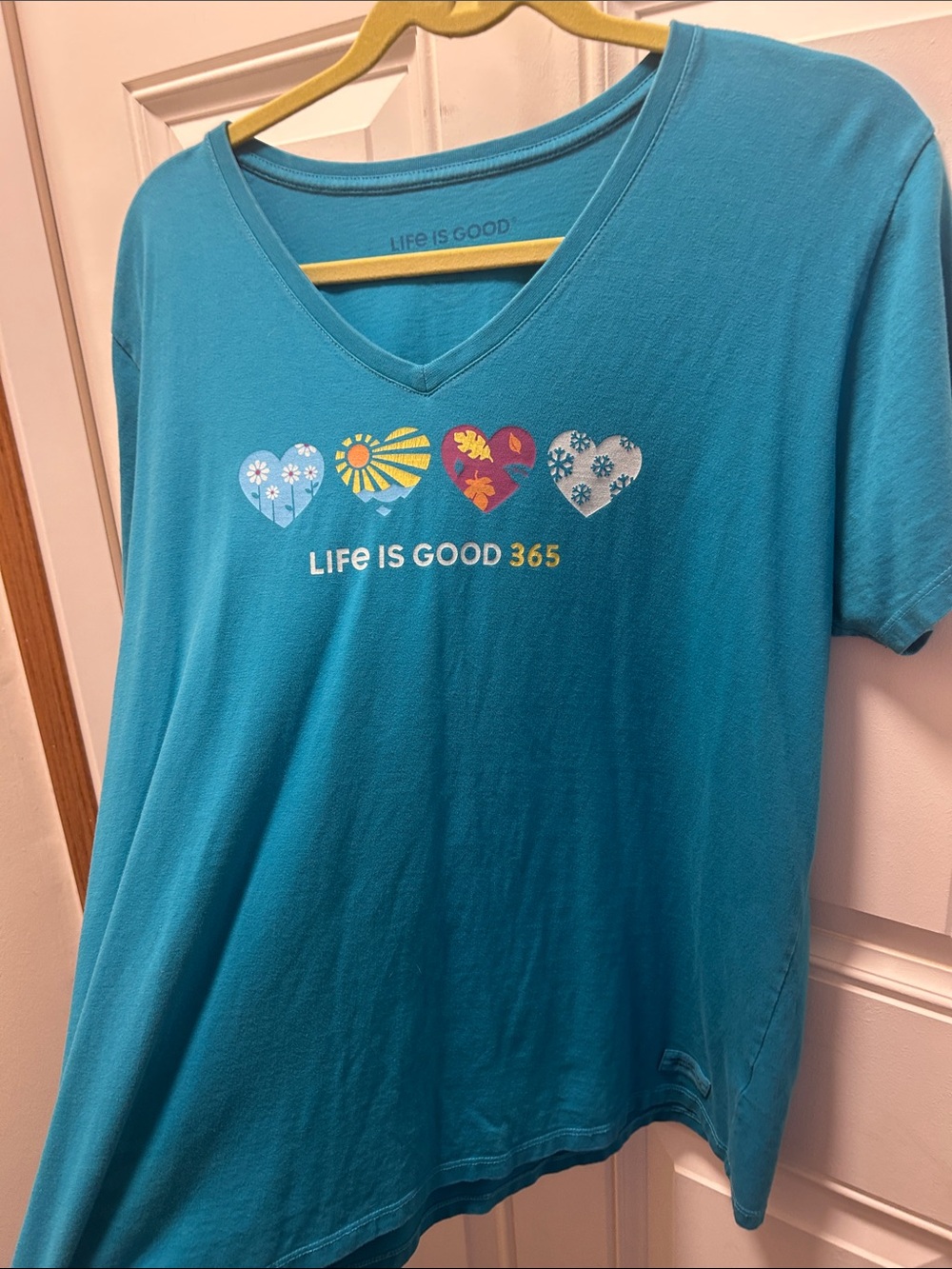 Life Is Good Teal V-Neck Short Sleeve Tee with Seasonal Heart Graphics - Picture 8 of 10
